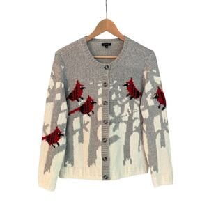 Talbots Cardinal Bird Winter Woodland Button Front Cardigan Sweater MP